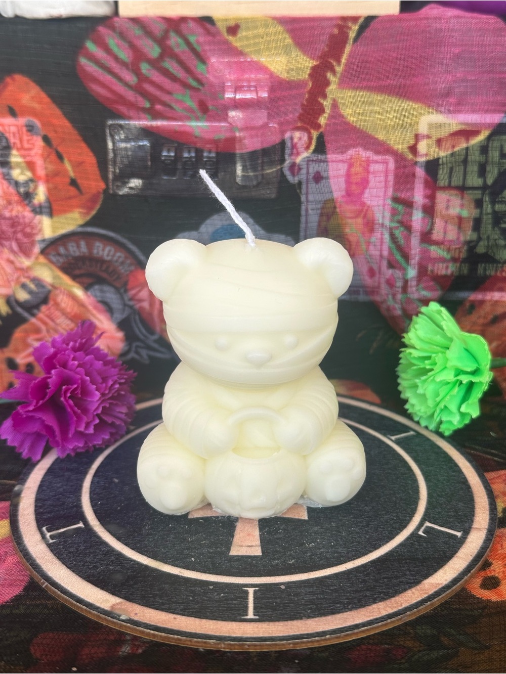 Handmade Ivory Mummy Bear Candle – Cute Halloween Teddy Bear Candle